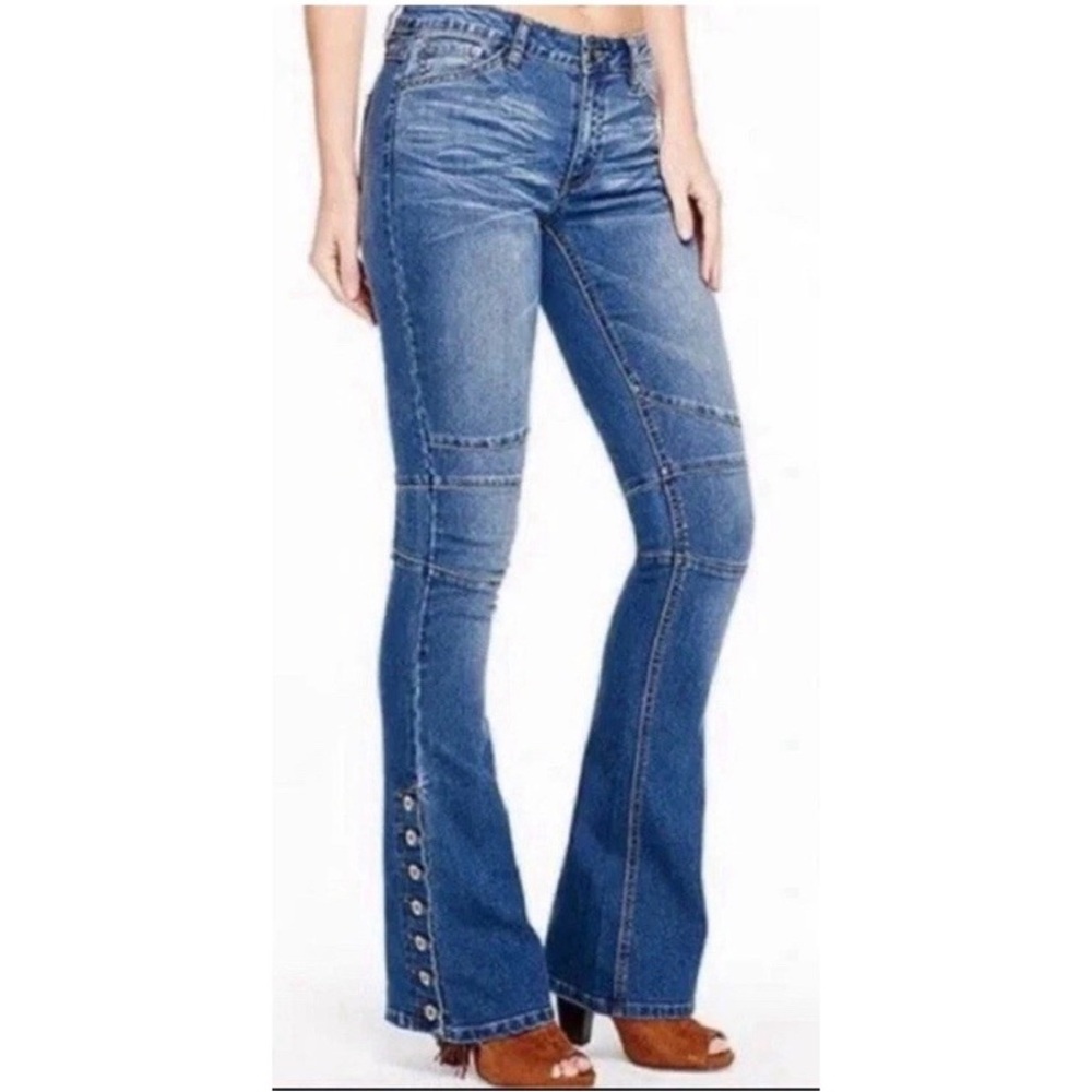 Free People Copper Buttons Denim Flare Skyler Moto Jeans Size 24